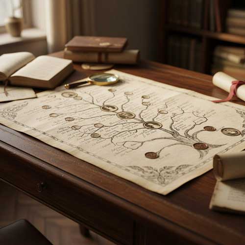 Archives d'un vieux art généalogique posé sur un bureau 