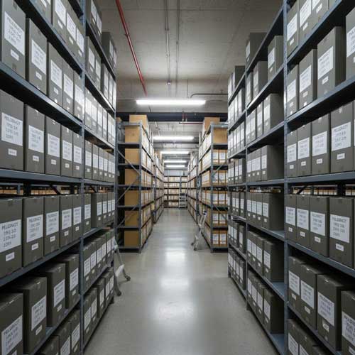 Boîtes d'archives bien rangées sur des étagères