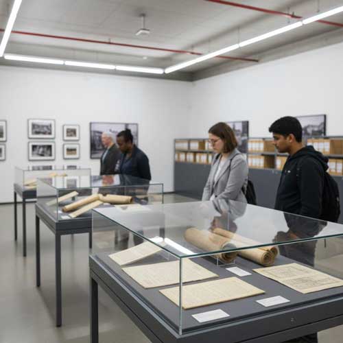 Exposition présentant des documents d'archives