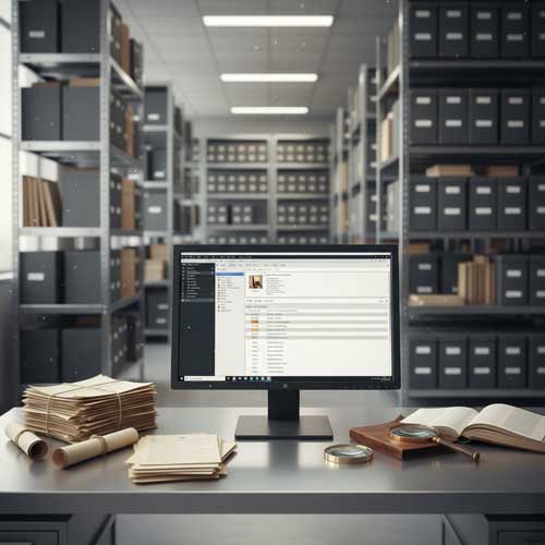 Ordinateur sur bureau avec outil et instruments de recherche. 